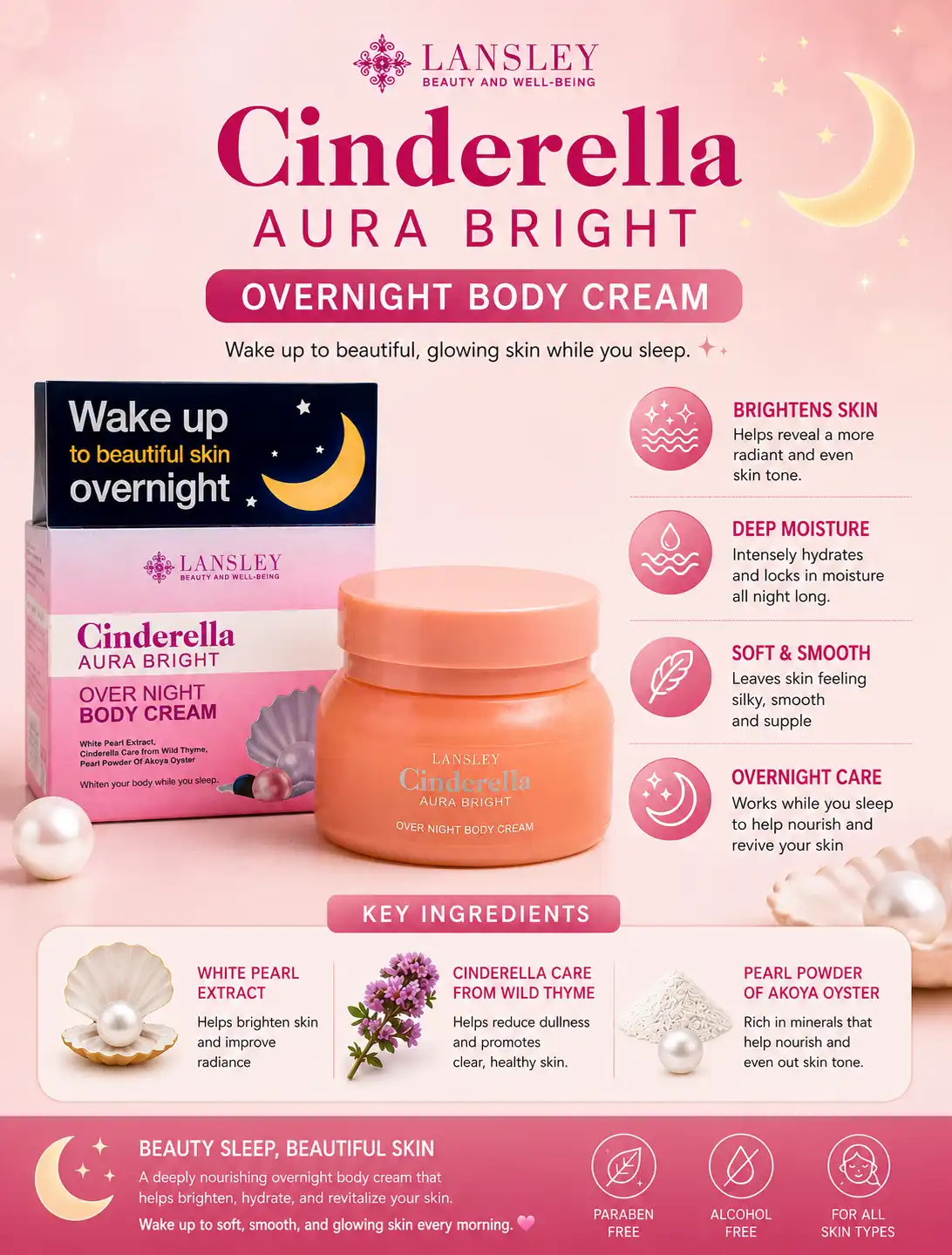 Product image of Lansley Cinderella Aura Bright Overnight Body Cream 125gram -  Whitening & Moisturizing Night Cream  - Beauty Buffet
