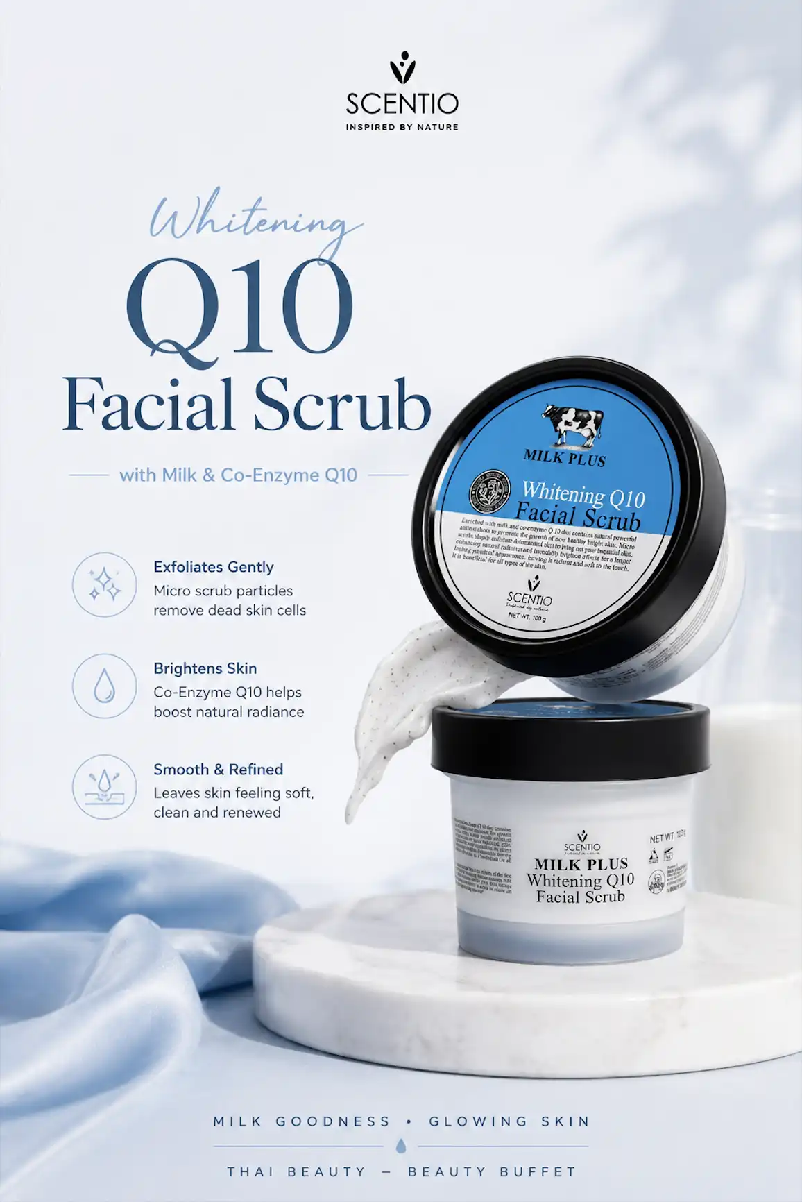 Product image of Scentio Milk Plus Whitening Q10 Facial Scrub – Brightening & Exfoliating Cleanser - Beauty Buffet