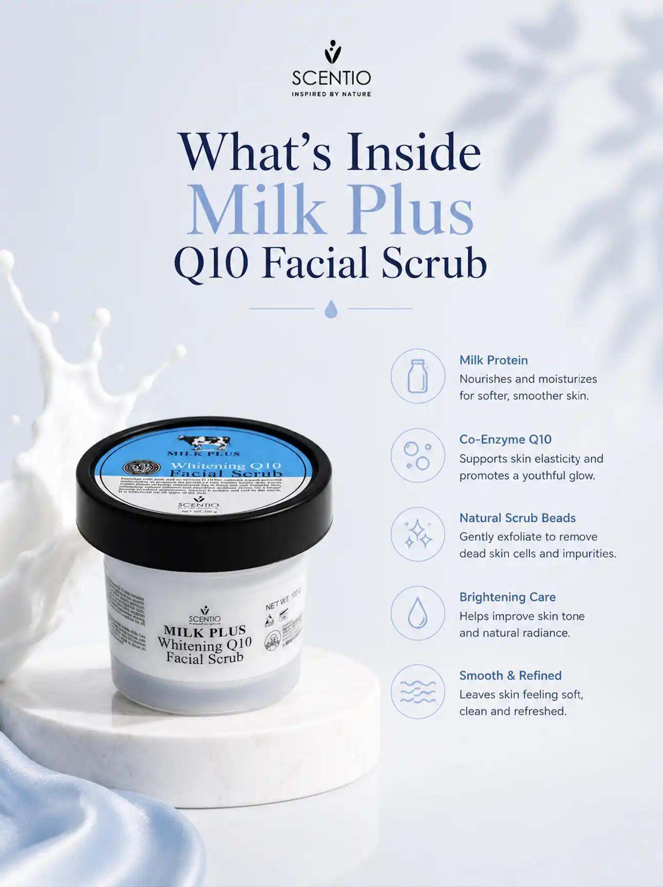 Product image of Scentio Milk Plus Whitening Q10 Facial Scrub – Brightening & Exfoliating Cleanser - Beauty Buffet