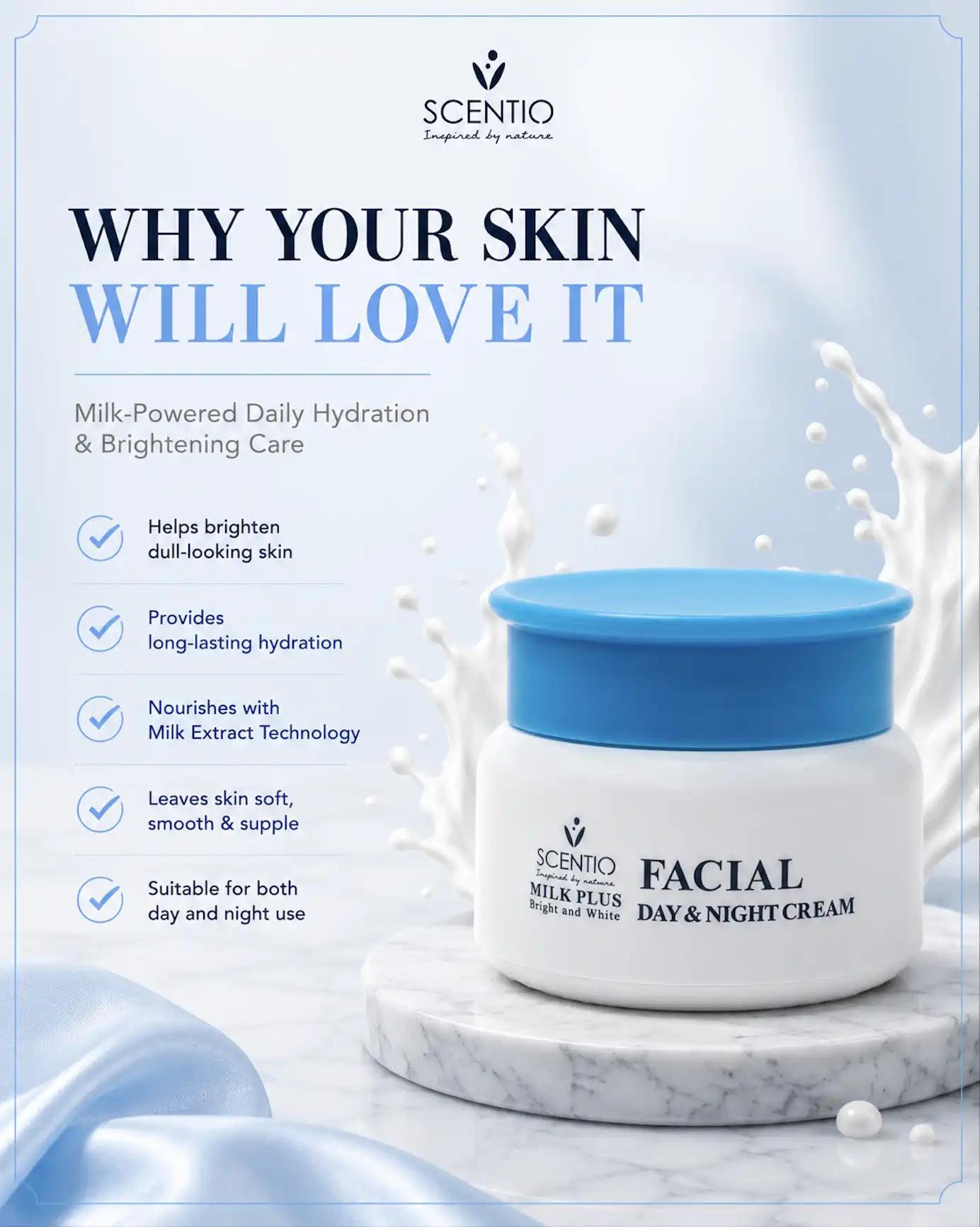 Product image of Scentio Milk Plus Bright & White Facial Day & Night Cream – Radiance & Hydration Treatment - Beauty Buffet