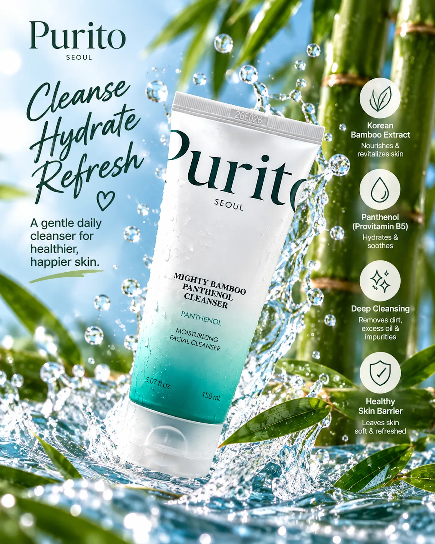 Purito Seoul Mighty Bamboo Panthenol Cleanser 150ml | Gentle Hydrating Face Wash