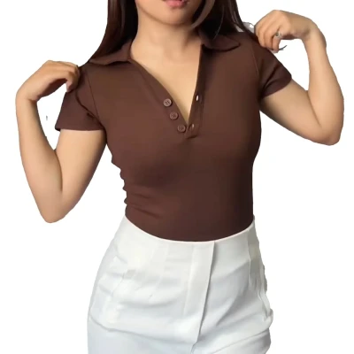 Button Up V neck Top Half Sleev...