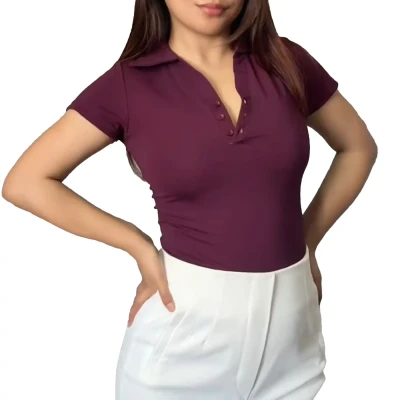 Button Up V neck Top Half Sleev...