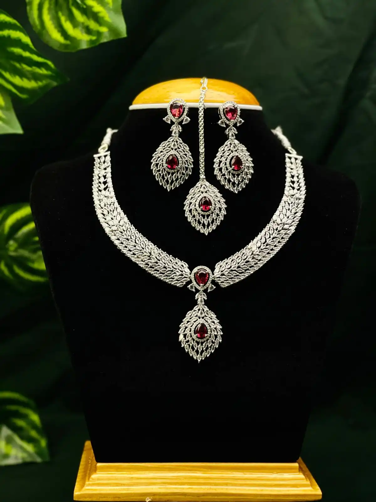 Product image of ADN3112 | Regal American Diamond Jewelry Set (Necklace, Earrings, Maang Tikka)