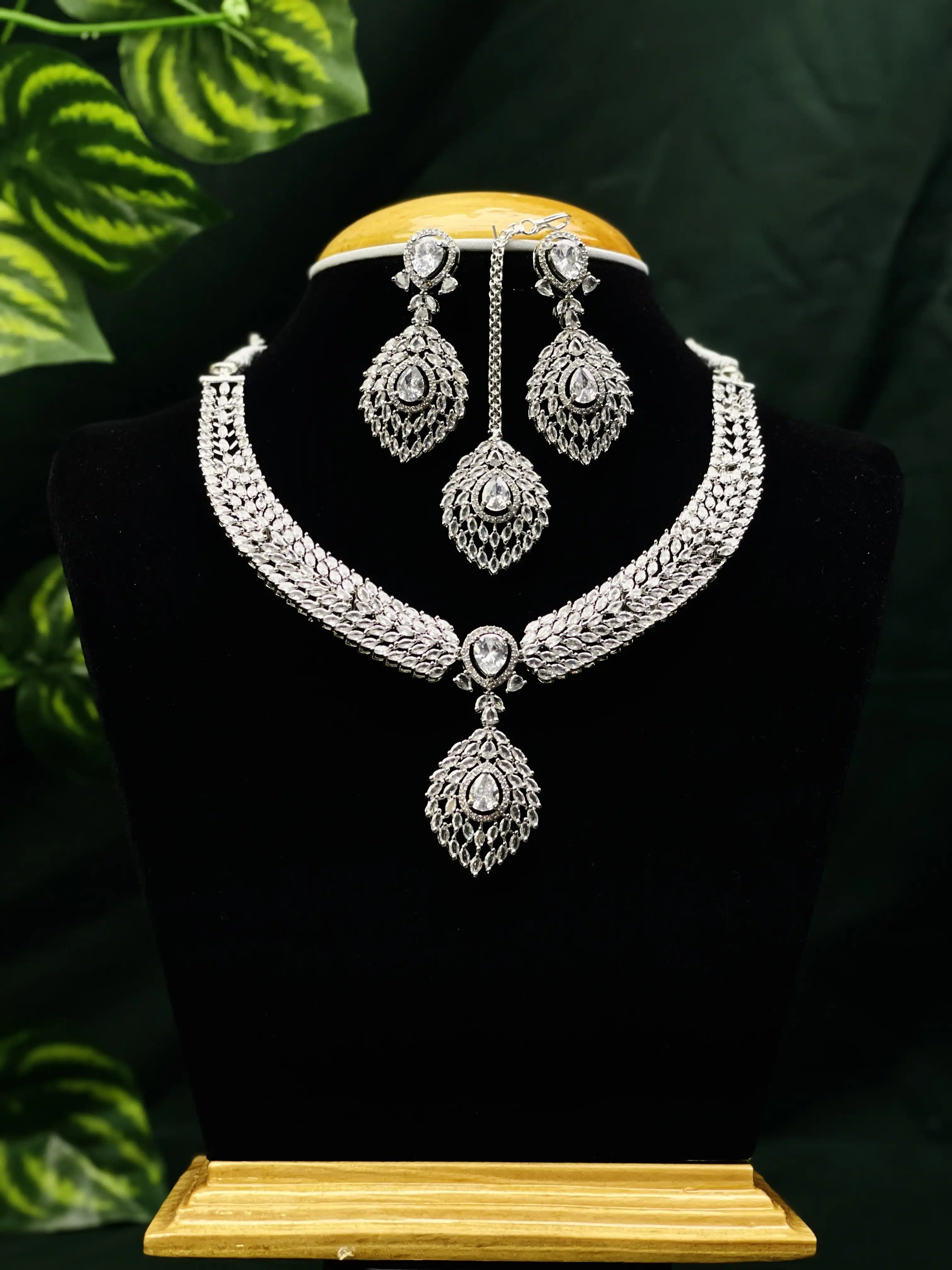 Product image of ADN3112 | Regal American Diamond Jewelry Set (Necklace, Earrings, Maang Tikka)