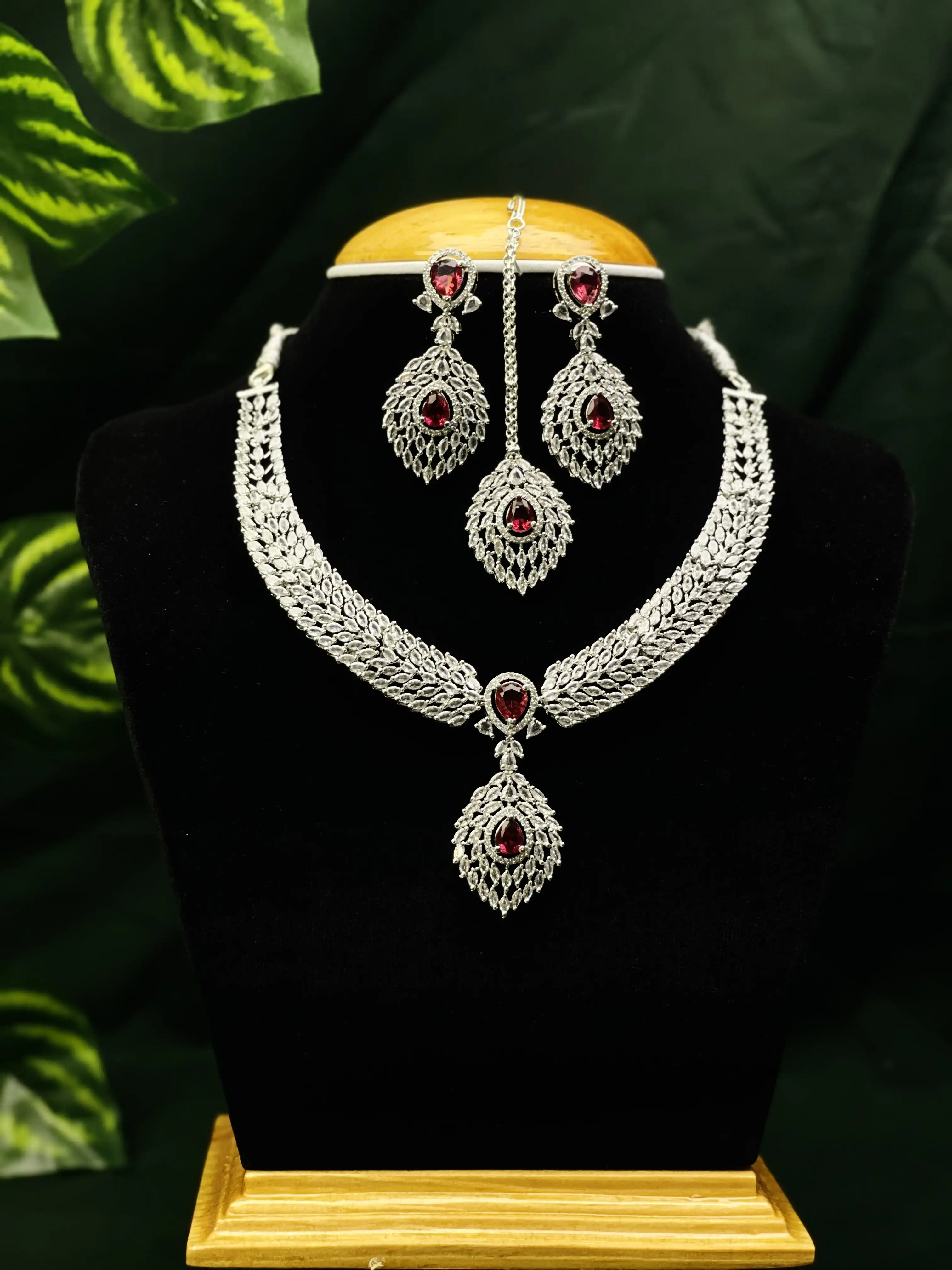 Product image of ADN3112 | Regal American Diamond Jewelry Set (Necklace, Earrings, Maang Tikka)