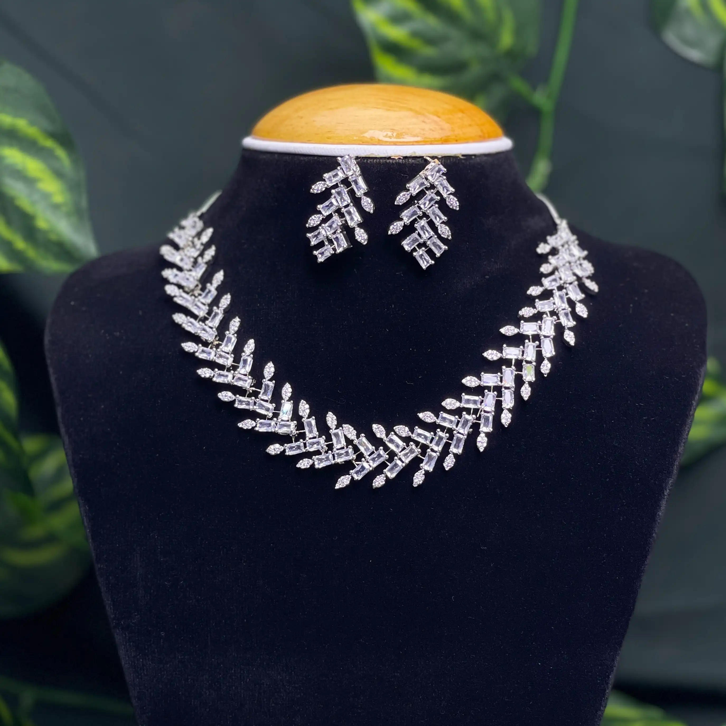 Product image of ADN3105 | Elegant Australian Diamond Baguette Cut V-Shaped Necklace & Earrings Set