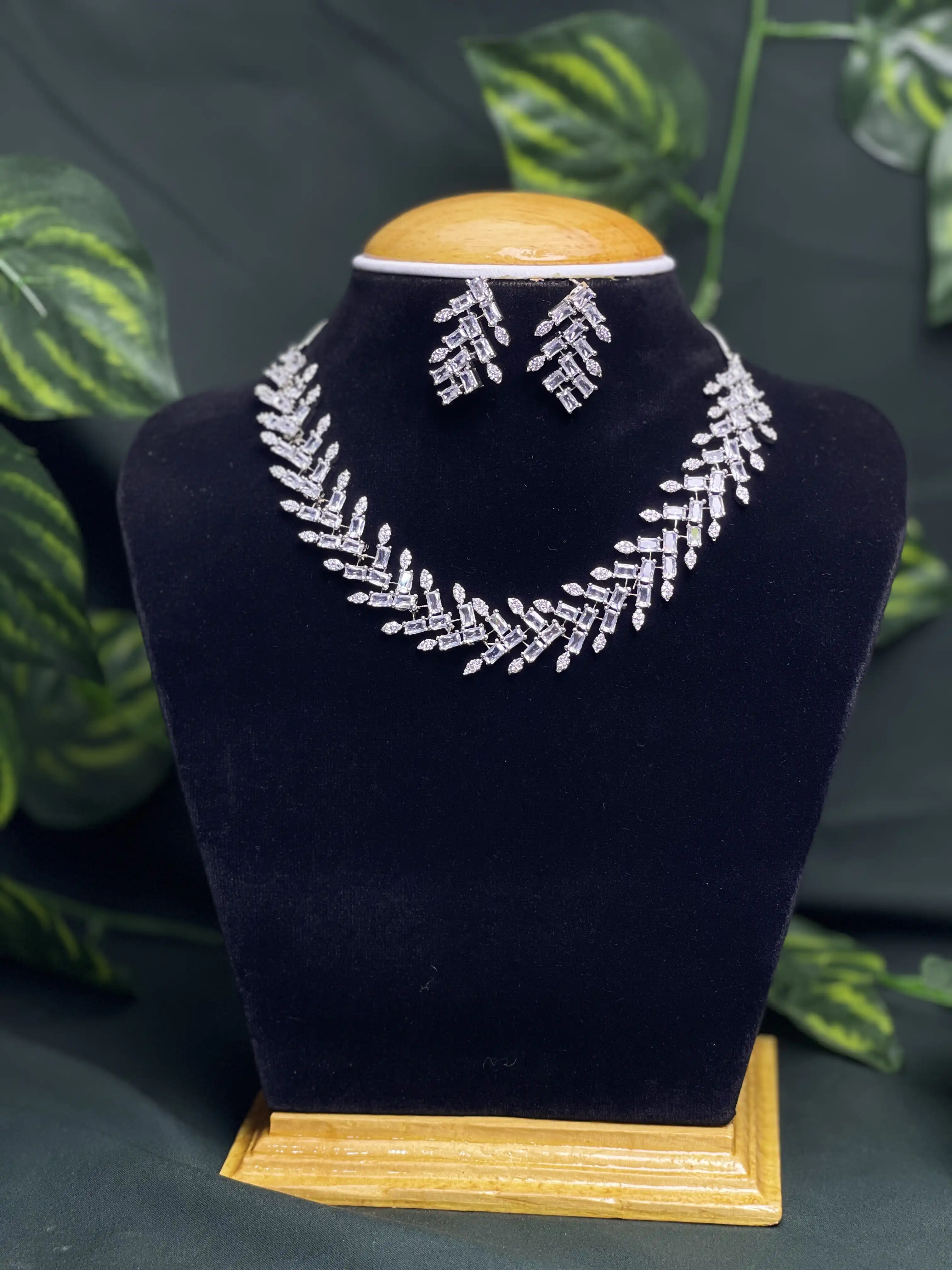 Product image of ADN3105 | Elegant Australian Diamond Baguette Cut V-Shaped Necklace & Earrings Set