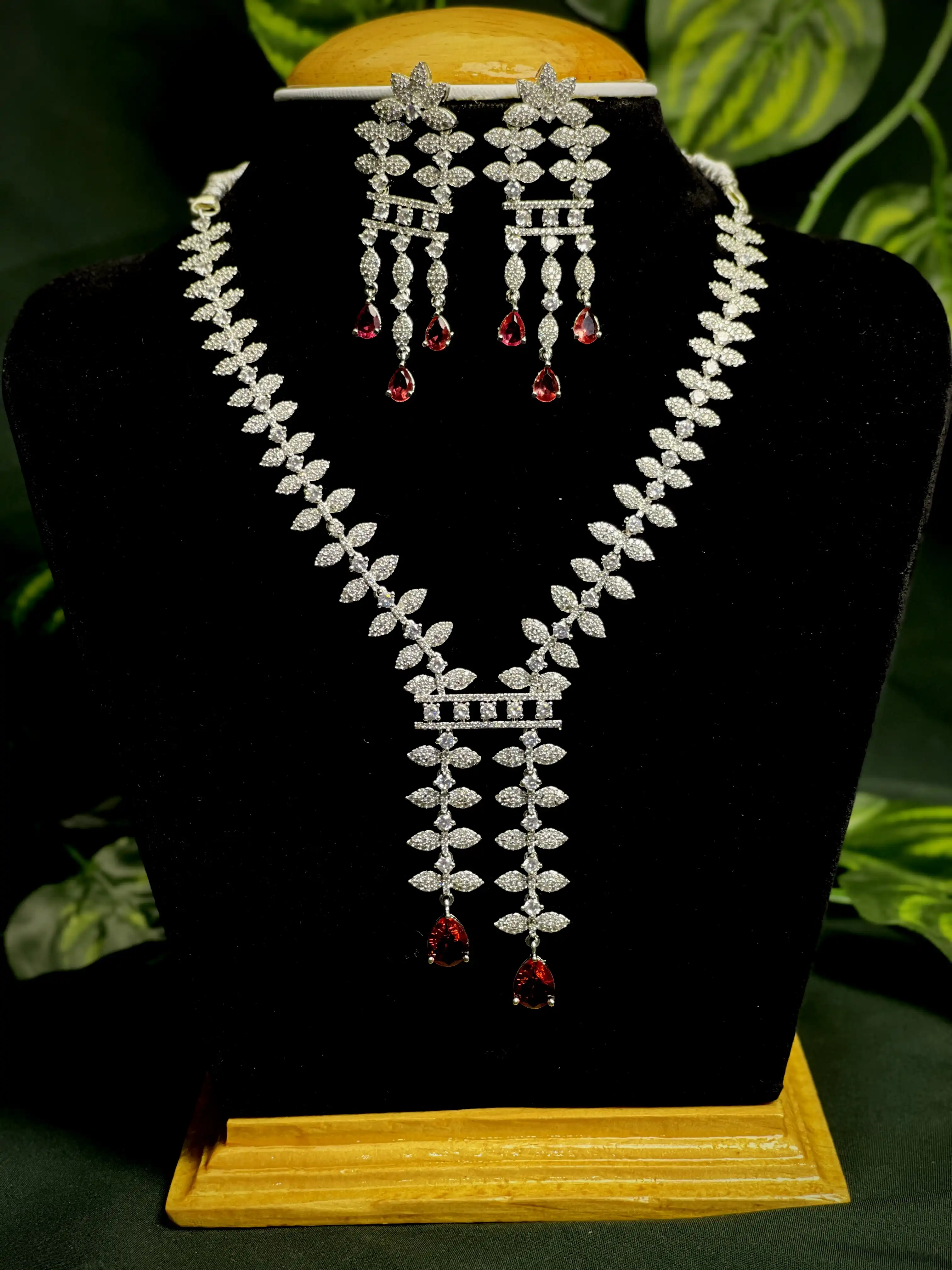 Product image of ADN3108 | Dazzling American Diamond & Ruby Red Teardrop Lariat Necklace Set