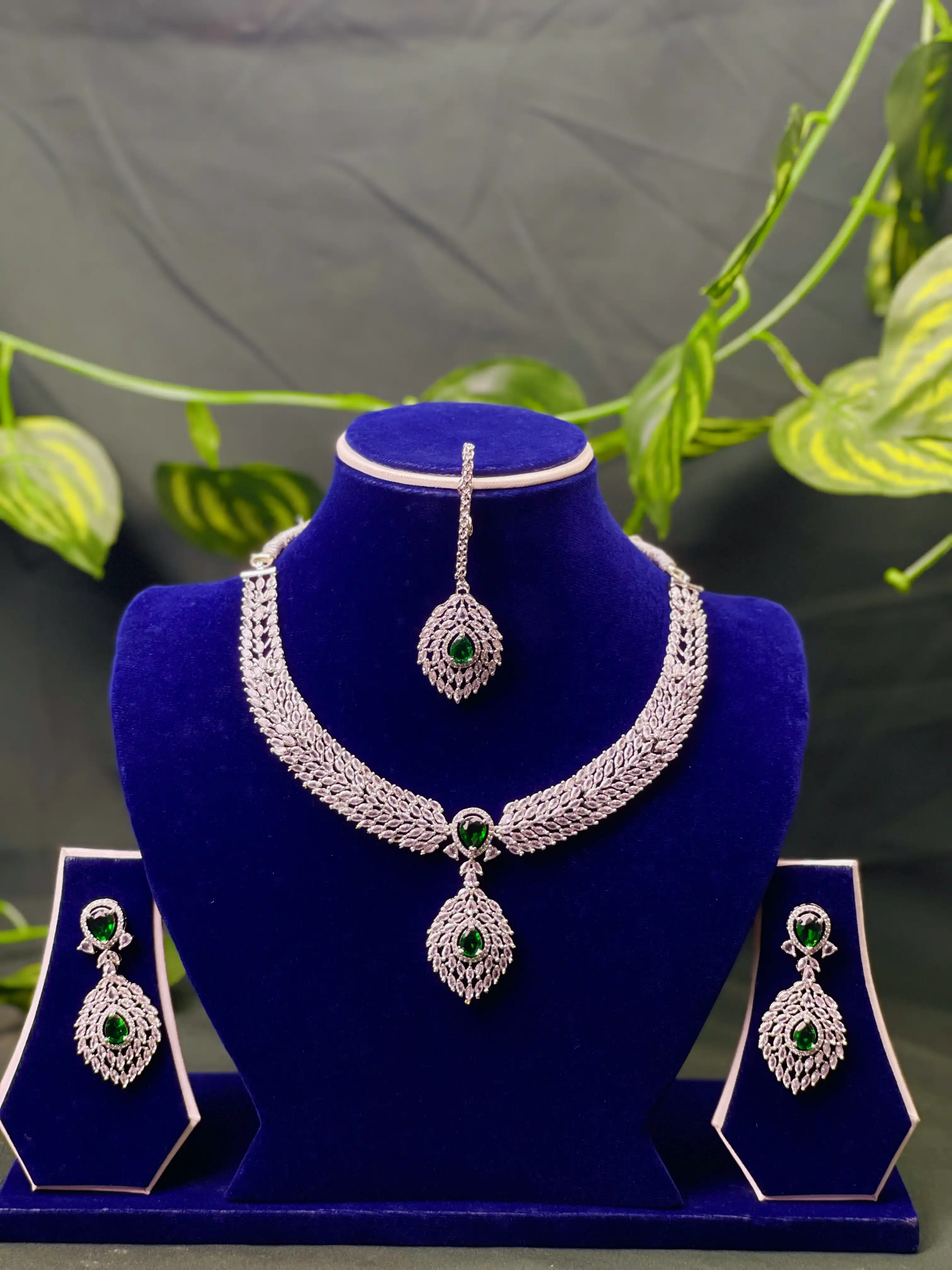 Product image of ADN3112 | Regal American Diamond Jewelry Set (Necklace, Earrings, Maang Tikka)