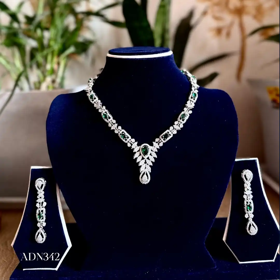 Product image of ADN342 | Elegant American Diamond Emerald Green Leaf Drop Necklace & Earrings Set