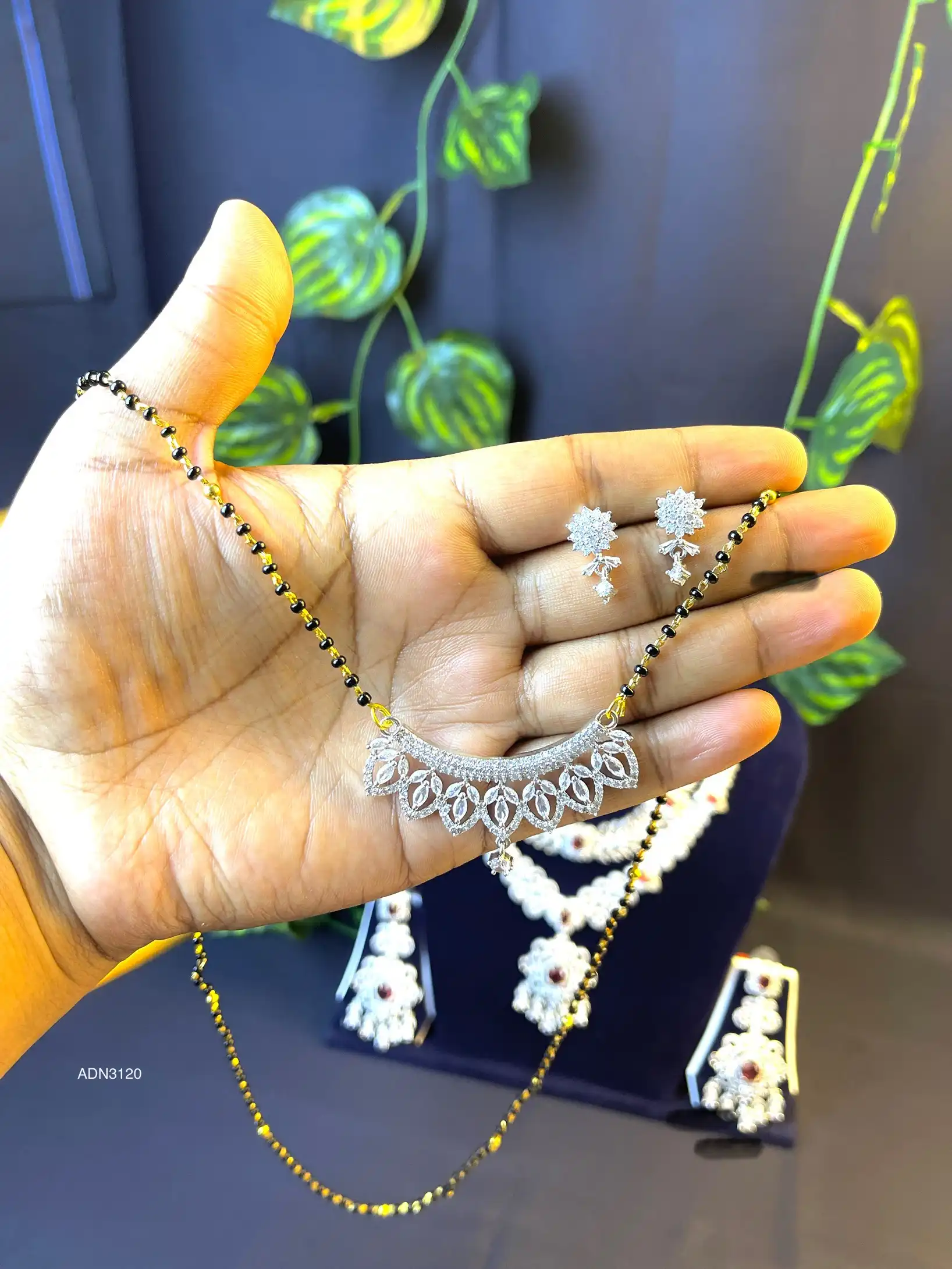 Product image of ADN3120 | Long Mala AD  Mangalsutra set (with earrings)- White