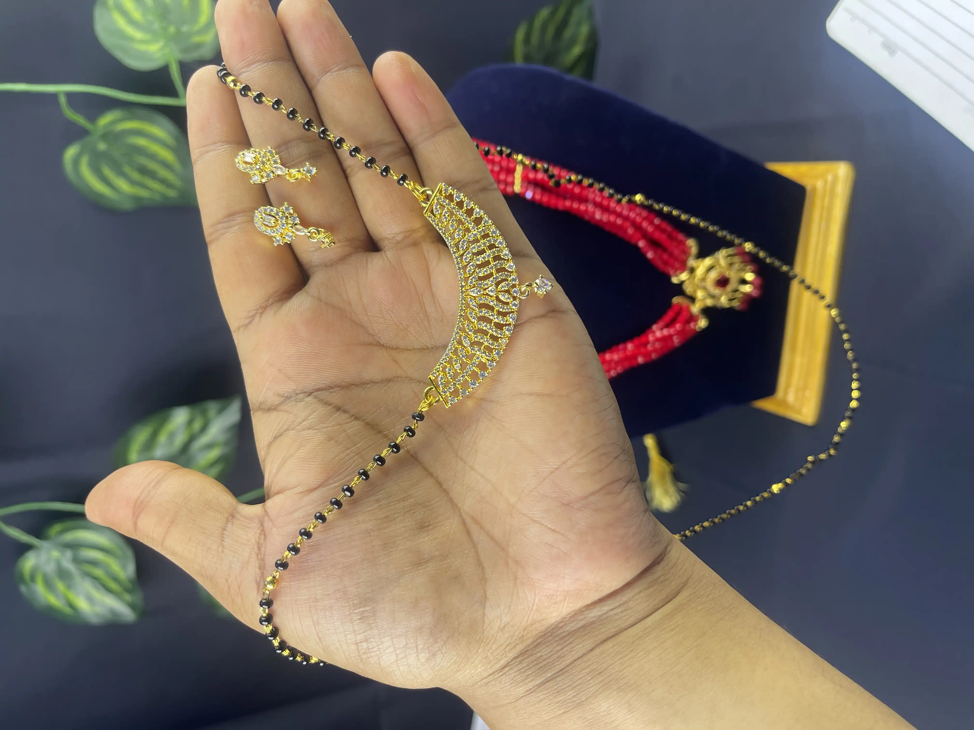 Product image of ADN3121 | Long Mala AD mangalsutra set ( With Earrings) | Gold Plated