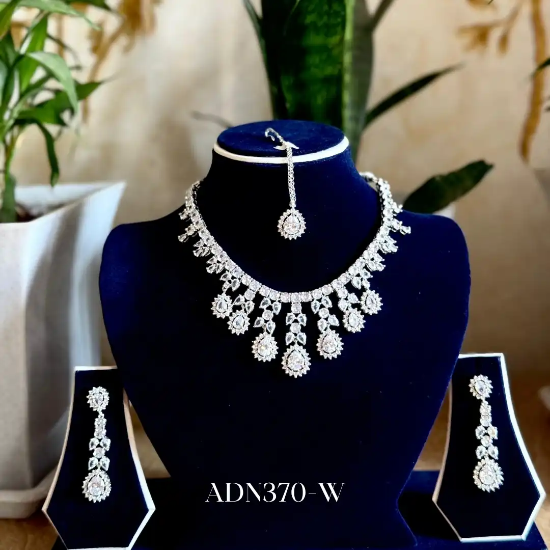 Product image of ADN370 | Elegant Diamond-Cut AD Necklace Set with Maang Tika - Emerald, Ruby & White