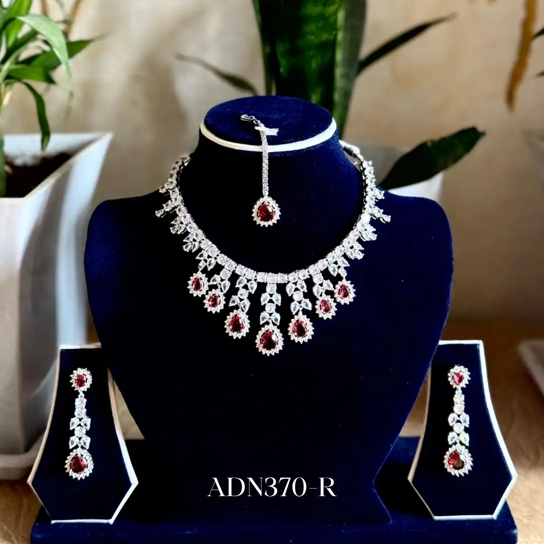 Product image of ADN370 | Elegant Diamond-Cut AD Necklace Set with Maang Tika - Emerald, Ruby & White
