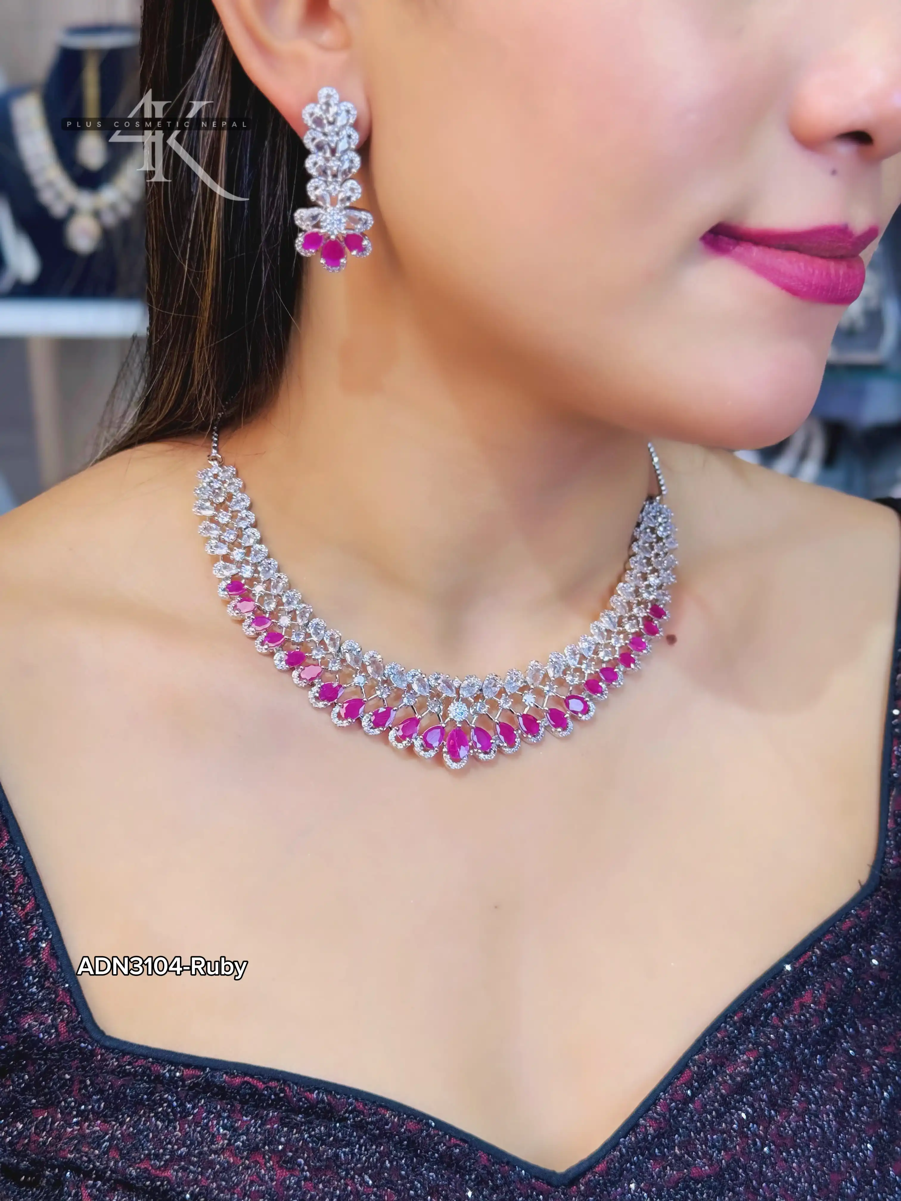 Product image of ADN3104 | Elegant American Diamond Floral Design Jewelry Set (Necklace, Earrings, Maang Tikka)
