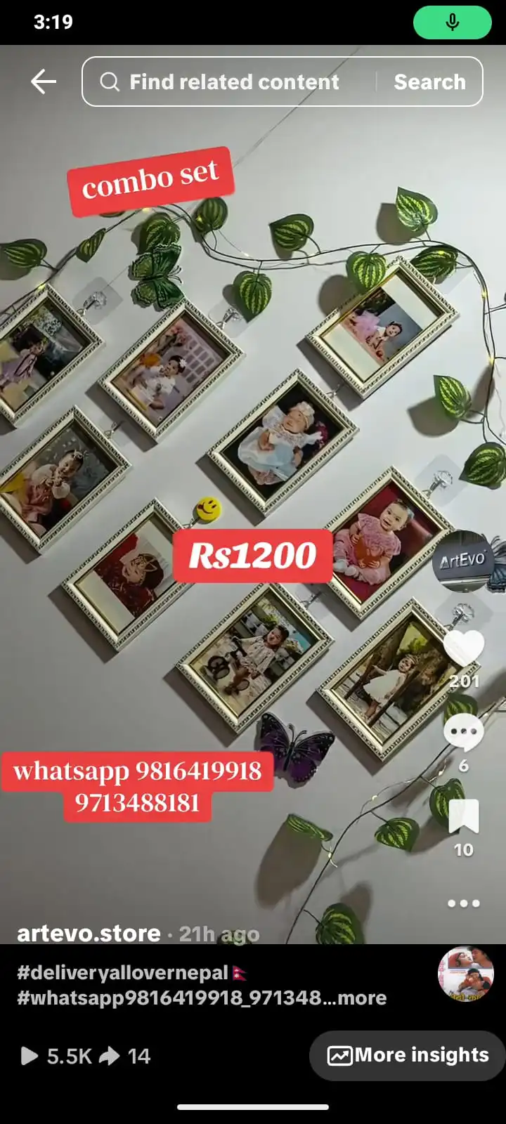 Product image of 9 pics combo set white frame  with money plant , butterfly , light