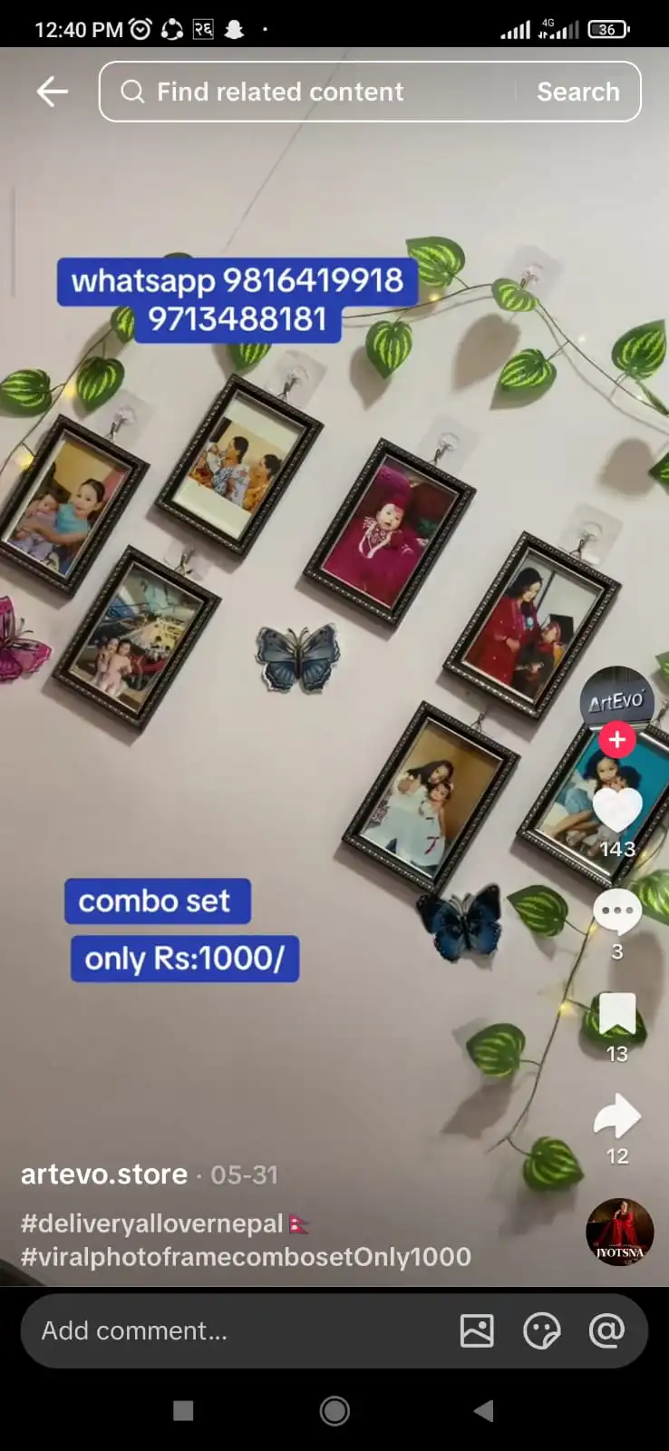 Product image of 7 Pics ( 4x6 )  Black Frame  Money Plant , Butterfly , Fairly Light