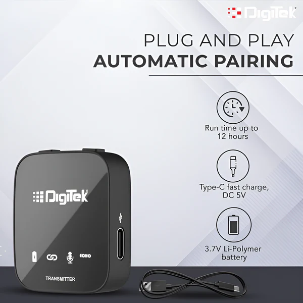 Product image of Digitek® DWM-101 Wireless Mic, ANC Noise Reduction, 360° Sound, 100m Range, 12Hr Battery