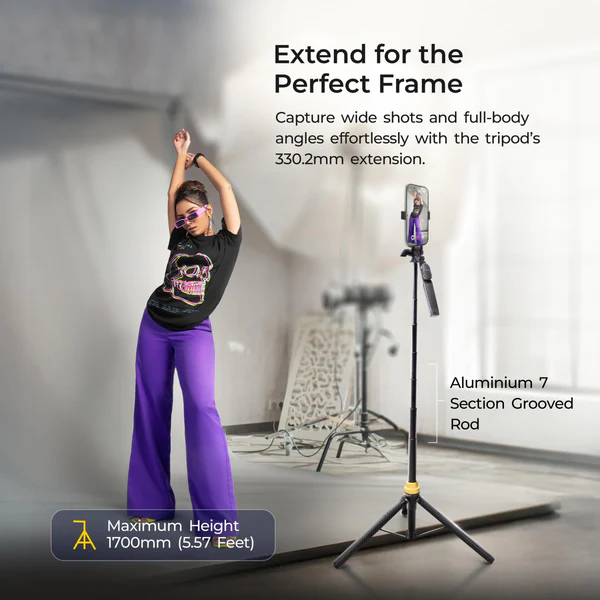 Product image of Digitek® DTR-555 SS Foldable Tripod Selfie Stick, 5.57ft, 360° Rotation, 10m Remote, iOS/Android/GoPro