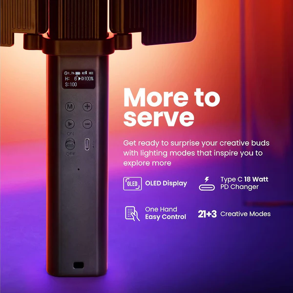 Product image of Digitek DSL-30W RGB Handheld LED Wand | Grid, Diffuser & Barn Door | 5200mAh Battery