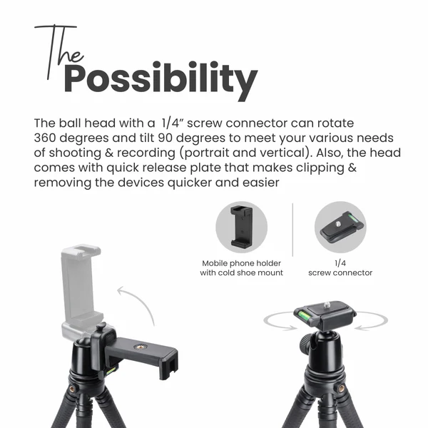 Product image of Digitek® DTR-320 FT Flexible Gorillapod Tripod, 360° Ball Head, 3kg Load, Phone/Camera