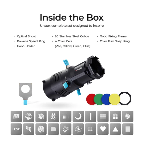 Product image of Digitek DS-220 Bowens Mount Optical Snoot Kit | 20 Gobos & 4 Color Gels | Metal Construction