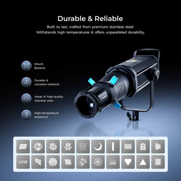 Product image of Digitek DS-220 Bowens Mount Optical Snoot Kit | 20 Gobos & 4 Color Gels | Metal Construction