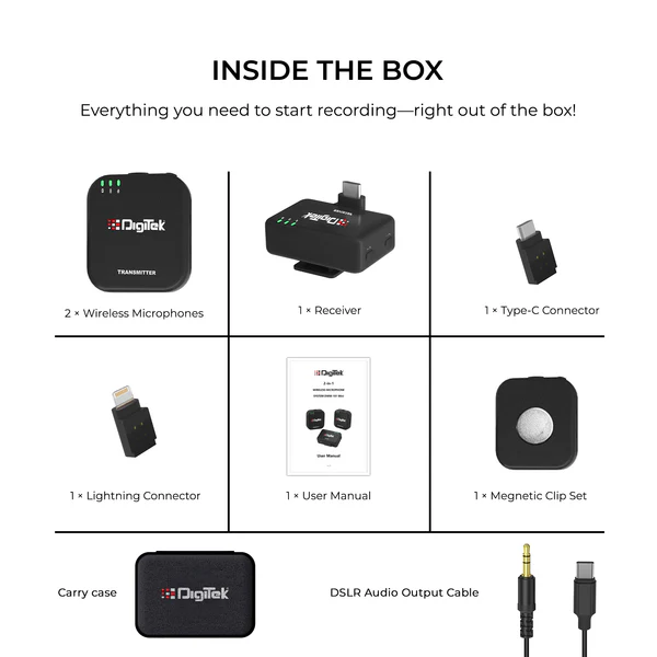 Product image of Digitek® DWM-101 Mini 2-in-1 Wireless Mic, 80m Range, 4.5Hr Battery, TF Card, iOS/Android/DSLR