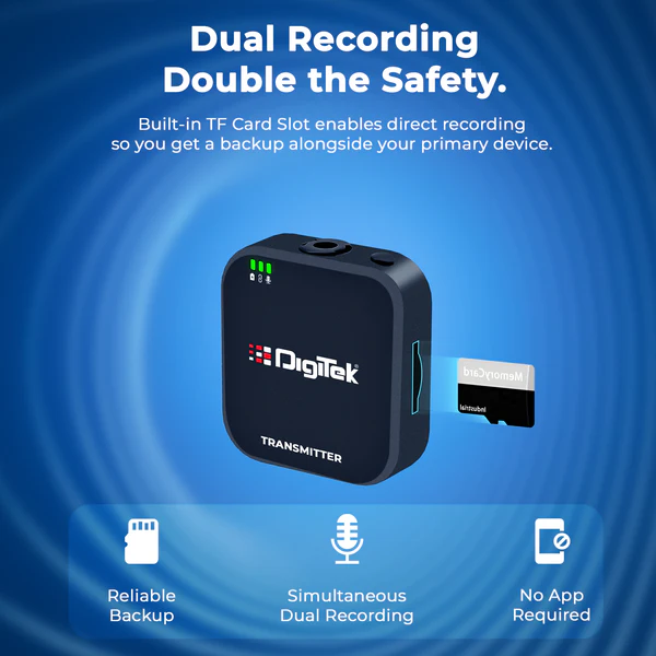 Product image of Digitek® DWM-101 Mini 2-in-1 Wireless Mic, 80m Range, 4.5Hr Battery, TF Card, iOS/Android/DSLR