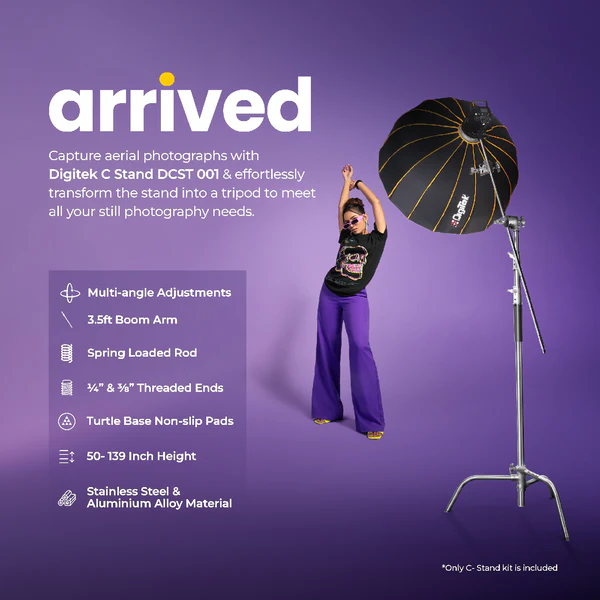 Product image of Digitek® Heavy Duty C-Stand, 10ft Adjustable, 3.5ft Arm, Grip Head, Studio Equipment