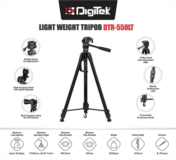 Product image of Digitek® DTR-550 LW Foldable Tripod Stand, 67 Inch, 5kg Load, 360° Ball Head, Aluminum, Carry Bag