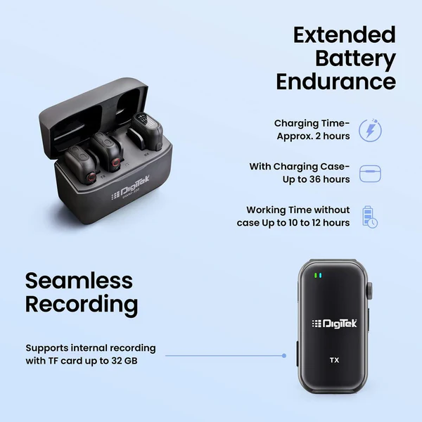 Product image of Digitek® DWM-102 Wireless Mic, ANC Noise Reduction, 30m Range, 10–12Hr Battery, iOS/Android/DSLR