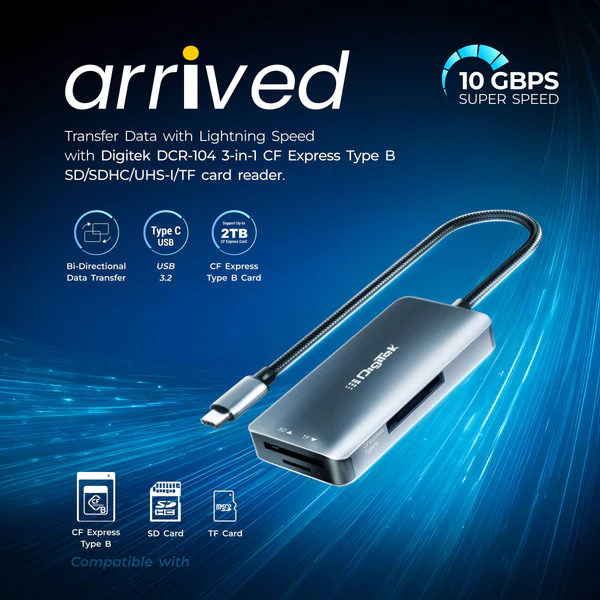 Product image of Digitek DCR-104 CFB 2-in-2 CF Express Type B & SDXC USB 3.2/3.0 Card Reader | Multi-OS Support