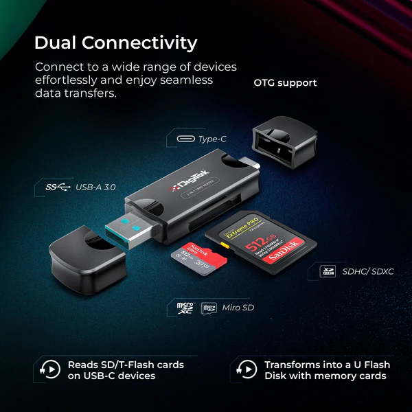 Product image of Digitek (DCR-007) USB-A 3.0 & Type C High-Speed Multi-Card Reader DCR-007