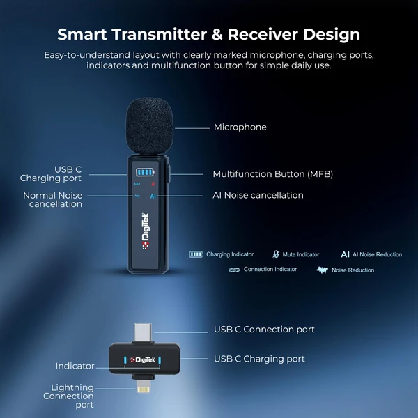 Product image of Digitek DWM 021 Wireless Microphone System with AI Noise Cancellation for Android & iPhone