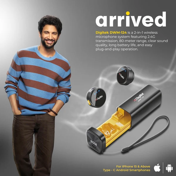 Product image of Digitek (DWM 124) 2-in-1 Wireless Microphone System for iPhone 15+ Above & Type-C Android, 80m Range, Noise Reduction & Echo Modes, For Creators & Vloggers