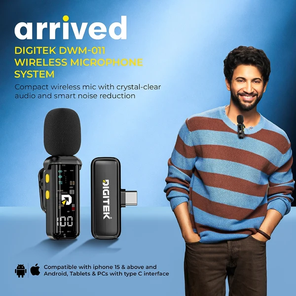 Product image of Digitek DWM-011 Wireless Microphone System for iPhone 15 Series & USB-C Android Devices, 2.4GHz Plug & Play Lavalier Mic, Noise Reduction, Echo Mode, 20m Range, 4H Battery Life, Type-C Receiver