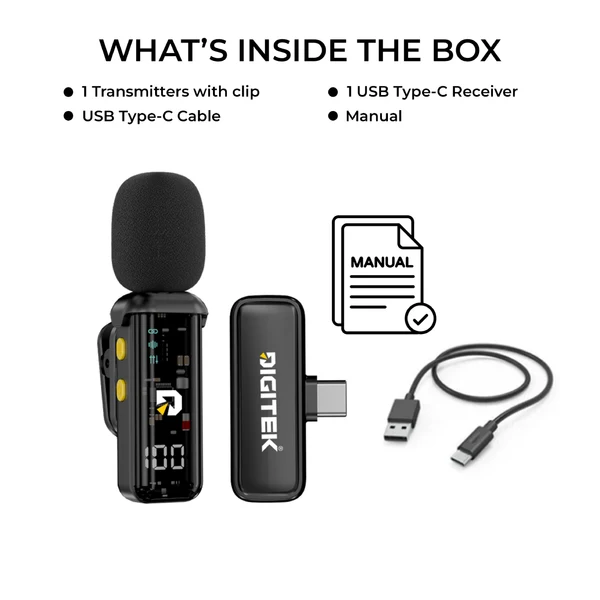 Product image of Digitek DWM-011 Wireless Microphone System for iPhone 15 Series & USB-C Android Devices, 2.4GHz Plug & Play Lavalier Mic, Noise Reduction, Echo Mode, 20m Range, 4H Battery Life, Type-C Receiver