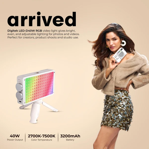 Product image of Digitek LED D40W RGB LED Video Light with 174 LEDs, 2700K–7500K Temperature, 1–100% Luminance, 13 Creative Modes, Inbuilt 3200mAh Battery, Type-C Charging, Mini Tripod & Diffuser, For Photo & Videography