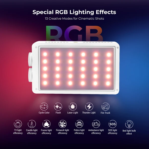 Product image of Digitek LED D40W RGB LED Video Light with 174 LEDs, 2700K–7500K Temperature, 1–100% Luminance, 13 Creative Modes, Inbuilt 3200mAh Battery, Type-C Charging, Mini Tripod & Diffuser, For Photo & Videography