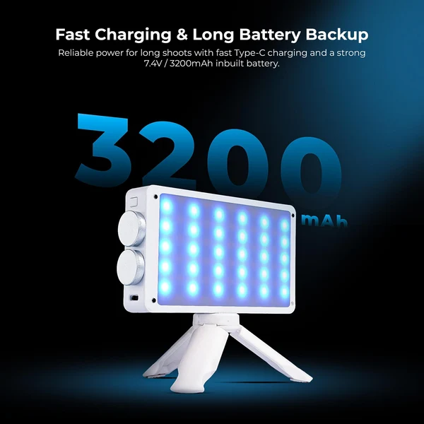 Product image of Digitek LED D40W RGB LED Video Light with 174 LEDs, 2700K–7500K Temperature, 1–100% Luminance, 13 Creative Modes, Inbuilt 3200mAh Battery, Type-C Charging, Mini Tripod & Diffuser, For Photo & Videography