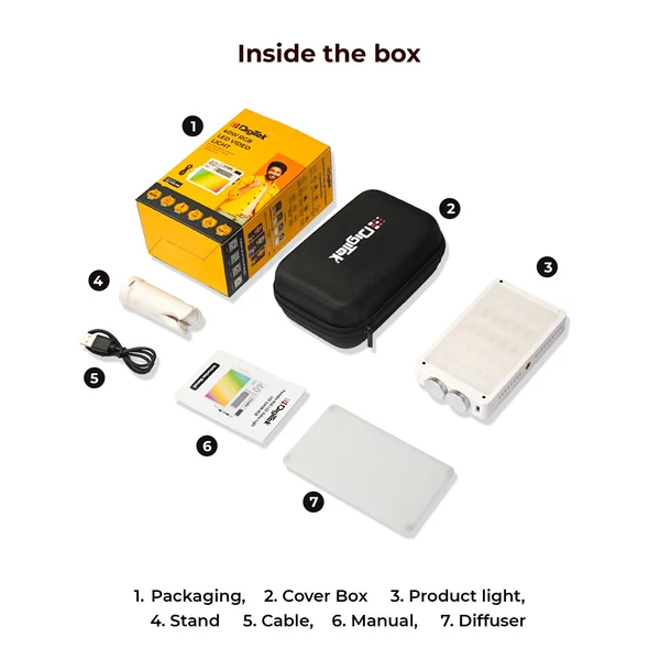 Product image of Digitek LED D40W RGB LED Video Light with 174 LEDs, 2700K–7500K Temperature, 1–100% Luminance, 13 Creative Modes, Inbuilt 3200mAh Battery, Type-C Charging, Mini Tripod & Diffuser, For Photo & Videography
