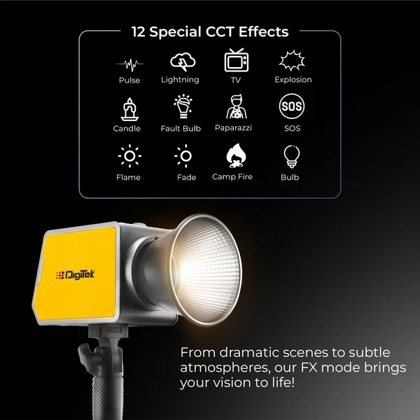 Product image of Digitek (DCL 100 WBC) 100W Bi-Color Continuous LED Light with Mini Bowen Mount & Reflector, 2700K-6500K+200 Color Temp, 20FX Modes, 97+ CRI, 0-100% Brightness, APP Control, Lighting for Videography
