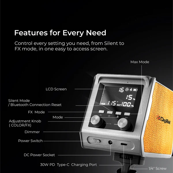 Product image of Digitek (DCL 100 WBC) 100W Bi-Color Continuous LED Light with Mini Bowen Mount & Reflector, 2700K-6500K+200 Color Temp, 20FX Modes, 97+ CRI, 0-100% Brightness, APP Control, Lighting for Videography