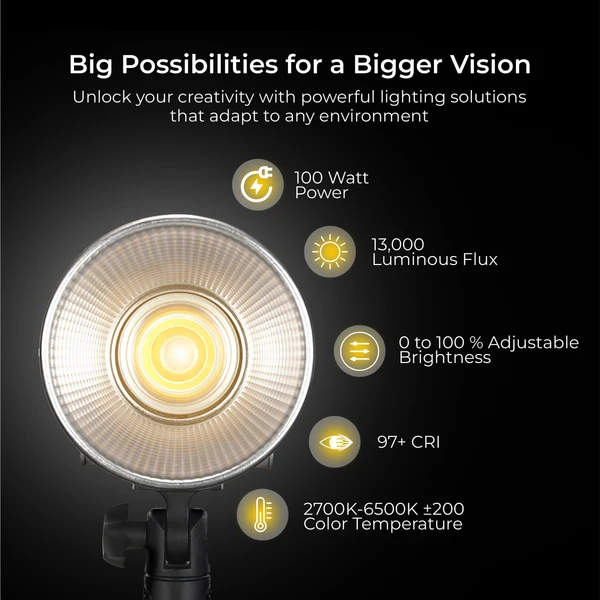 Product image of Digitek (DCL 100 WBC) 100W Bi-Color Continuous LED Light with Mini Bowen Mount & Reflector, 2700K-6500K+200 Color Temp, 20FX Modes, 97+ CRI, 0-100% Brightness, APP Control, Lighting for Videography