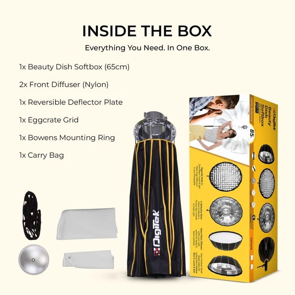 Product image of Digitek DBDS 65W 65cm Beauty Dish Softbox (White), Collapsible, Transportable, Lightweight Bowen Mount for Photography & Studio Lighting with Removable Diffuser