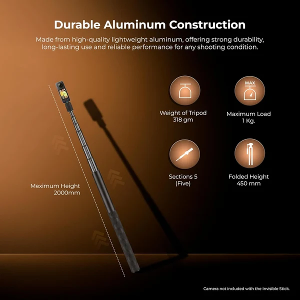 Product image of Digitek (DTR 650 IS) Aluminum Alloy 2 Meter Invisible Stick for GoPro Hero 11/10/9/8/7/6/5, Insta360 One X2/X3/X4/RS/Go 2, DJI Action 2/3 Cameras
