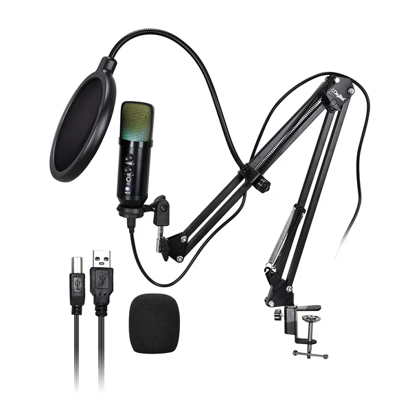 Digitek (DM 401) RGB USB Condenser Microphone Kit with BoomArm, Pop Filter, Shock Mount, Mic Cover, Desktop Mount, Tripod & 1.5M USB Cable, Compatible with Window & Mac PC/Laptop/Smartphone, for Podcasting, Gaming, Singing & Live Streaming
