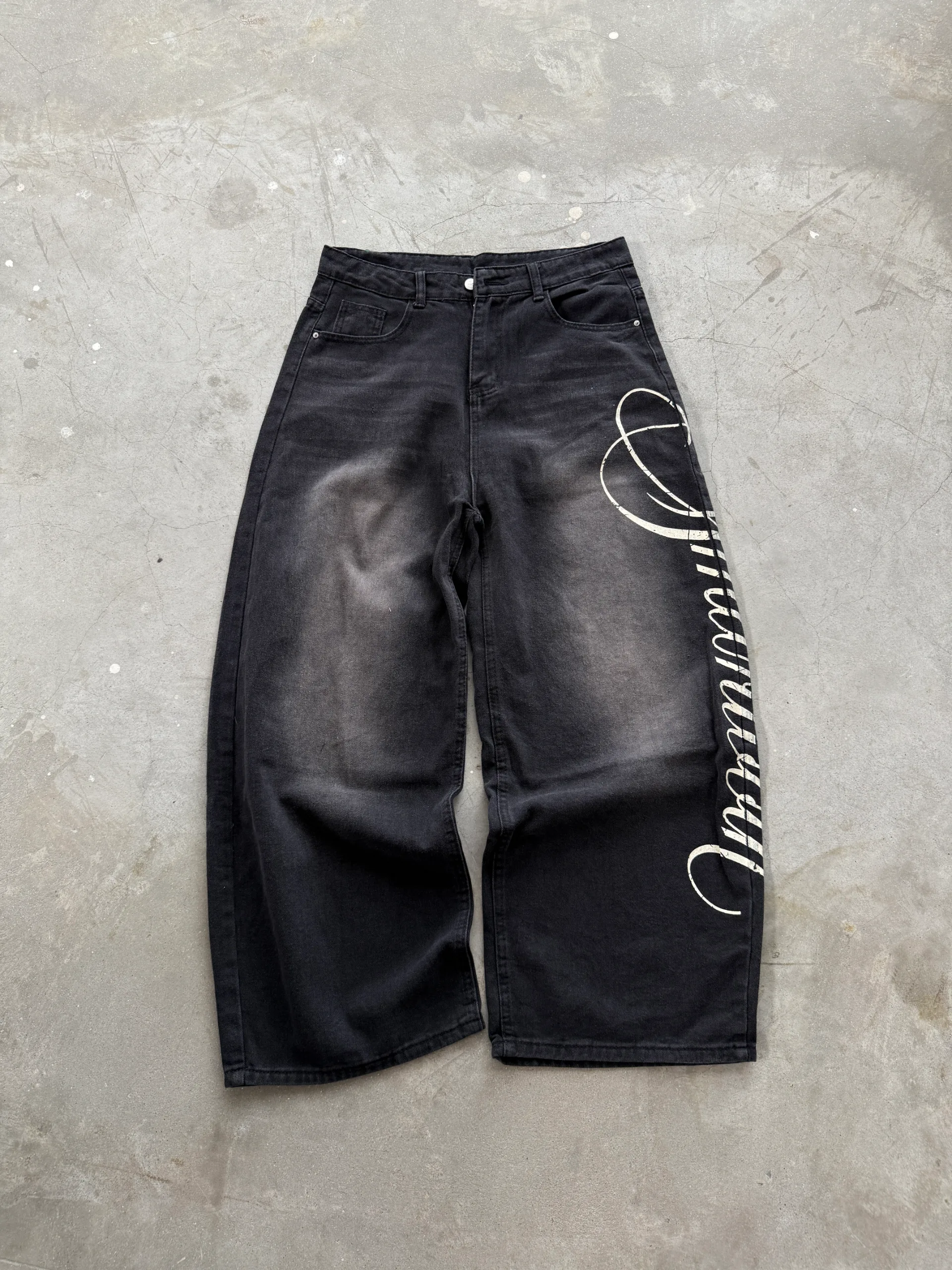 Washed Side Print Washed Baggy Pants